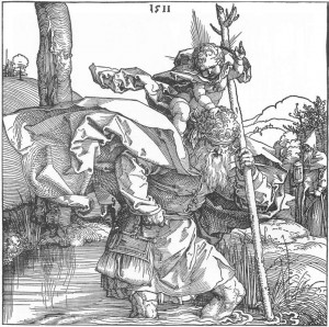 Albrecht Dürer, St. Christopher, 1511, woodcut, 8 5/8” x 8 7/8” British Museum, London, public Domain via Wikimedia Commons.  