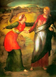 Attributed to Pontormo, after drawings by Michelangelo, Noli me tangere, 1530s, oil on panel, 49.2” x 37.4”, Private Collection, Public Domain via Wikimedia Commons.