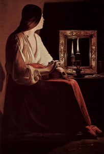 Georges de la Tour, The Penitent Magdalene, 1638-1643, oil on canvas, 52.5” x 40.2”, The Metropolitan Museum of Art, New York, Photo by The Yorck Project: 10.000 Meisterwerke der Malerei via Wikimedia Commons.