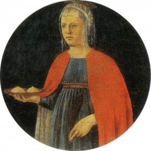 Piero della Francesca, St. Agatha from the Polyptych of St. Anthony, c. 1460-1470, oil on panel, 8.3” x 15.4”, National Gallery of Umbria, Perugia, Public Domain via Wikimedia Commons.