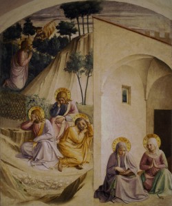 Fra Angelico and his workshop, Agony in the Garden, c. 1443-1445, Convento di San Marco, Florence, Public Domain via Wikimedia Commons.