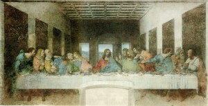 Leonardo da Vinci, The Last Supper, 1495-1498, tempera on gesso, pitch and mastic, 15’ 1”, x 29’, Santa Maria delle Grazie, Milan, Public Domain via Wikimedia Commons. 